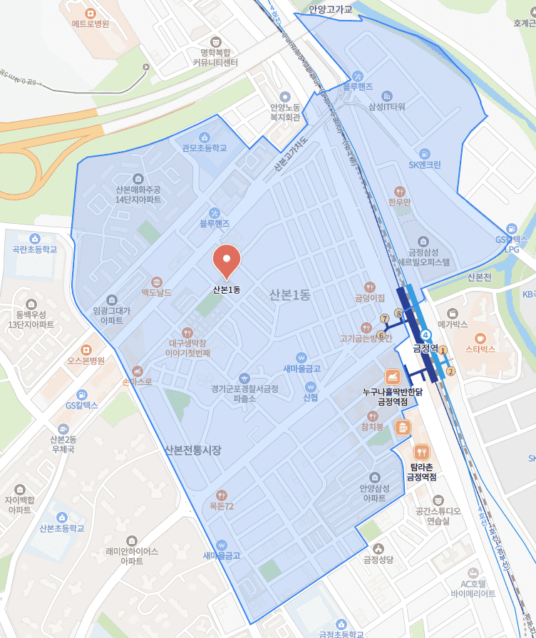 산본1동 담당구역 지도. 금정역 서측, 산본전통시장과 산본매화주공14단지 일대가 구역에 포함됩니다.