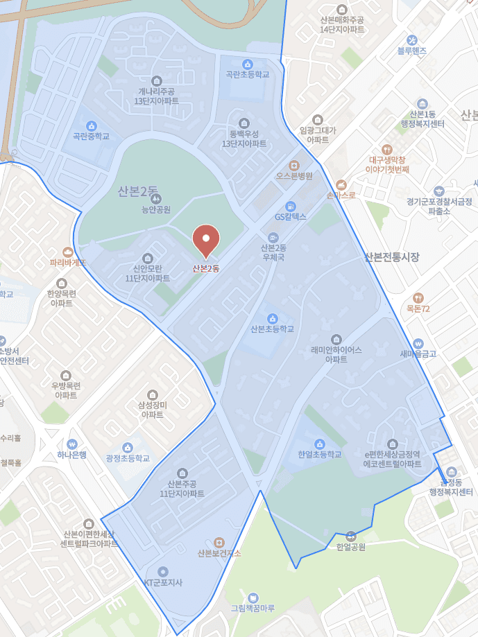 산본2동 담당구역 지도. 능안공원과 산본초등학교를 중심으로 개나리주공13단지에서 산본주공11단지까지 이어집니다.
